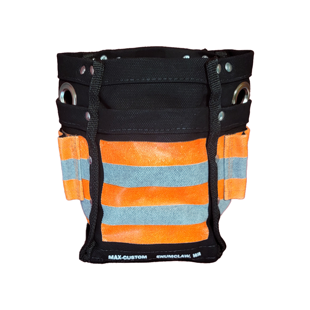 Black and orange tool belt with reflective stripes on a white background